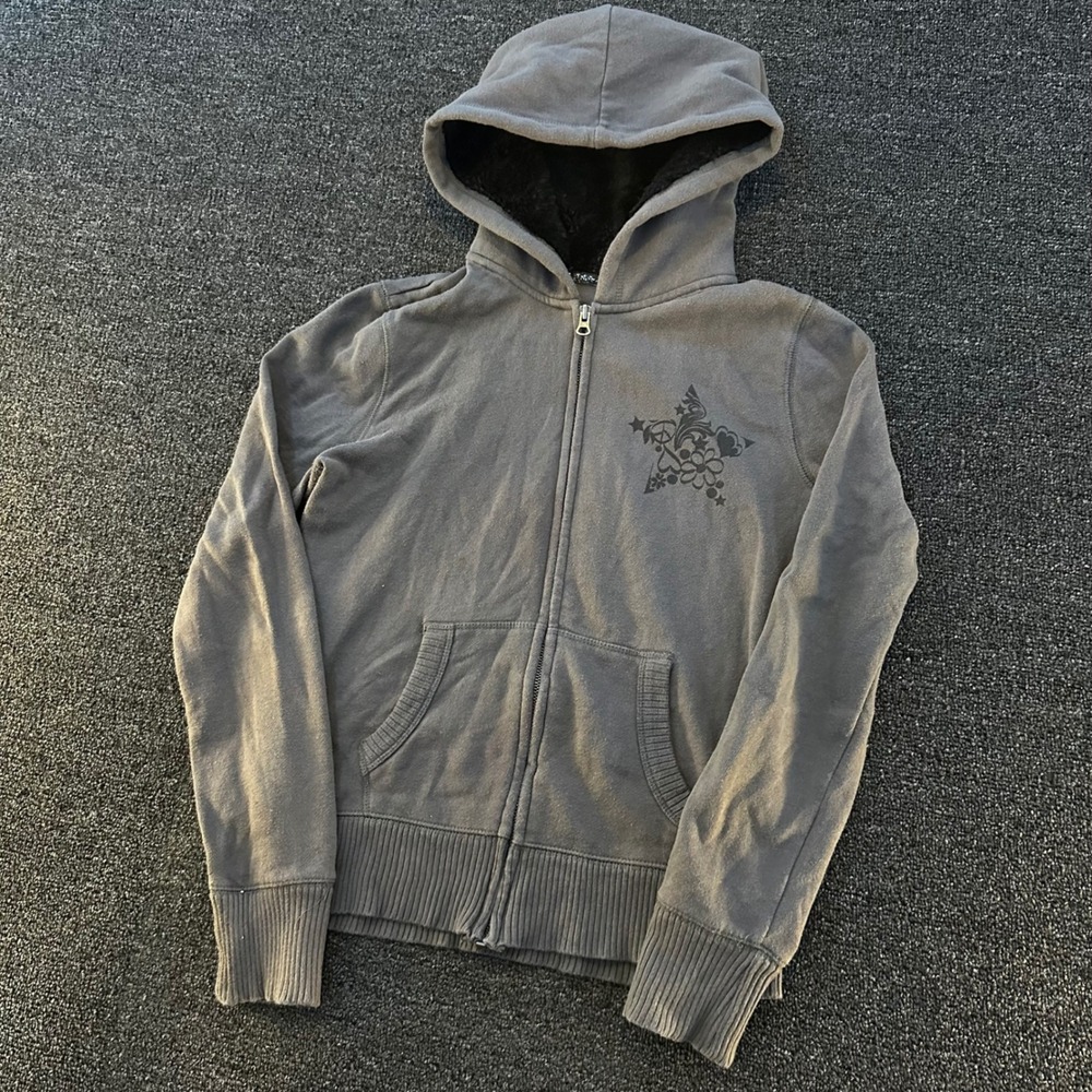 Arizona Zip Up Hoodie Womens Medium Gray Good Y2K Rhinestone Star Graphic